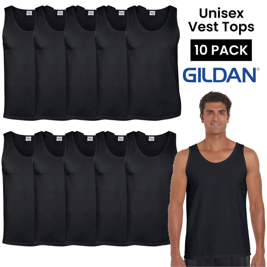 Gildan Vest Tops In Black - Pack Of 10 Plain Vests