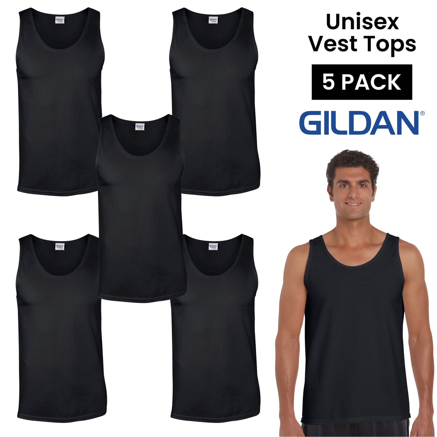 Plain Black Gildan Vest Tops - Pack Of 5
