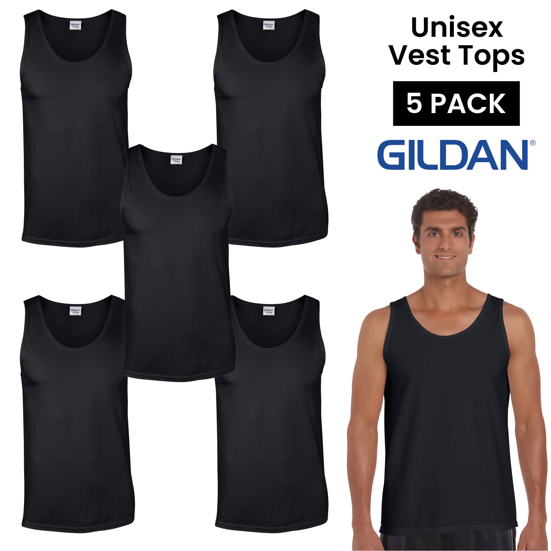 Plain Black Gildan Vest Tops - Pack Of 5