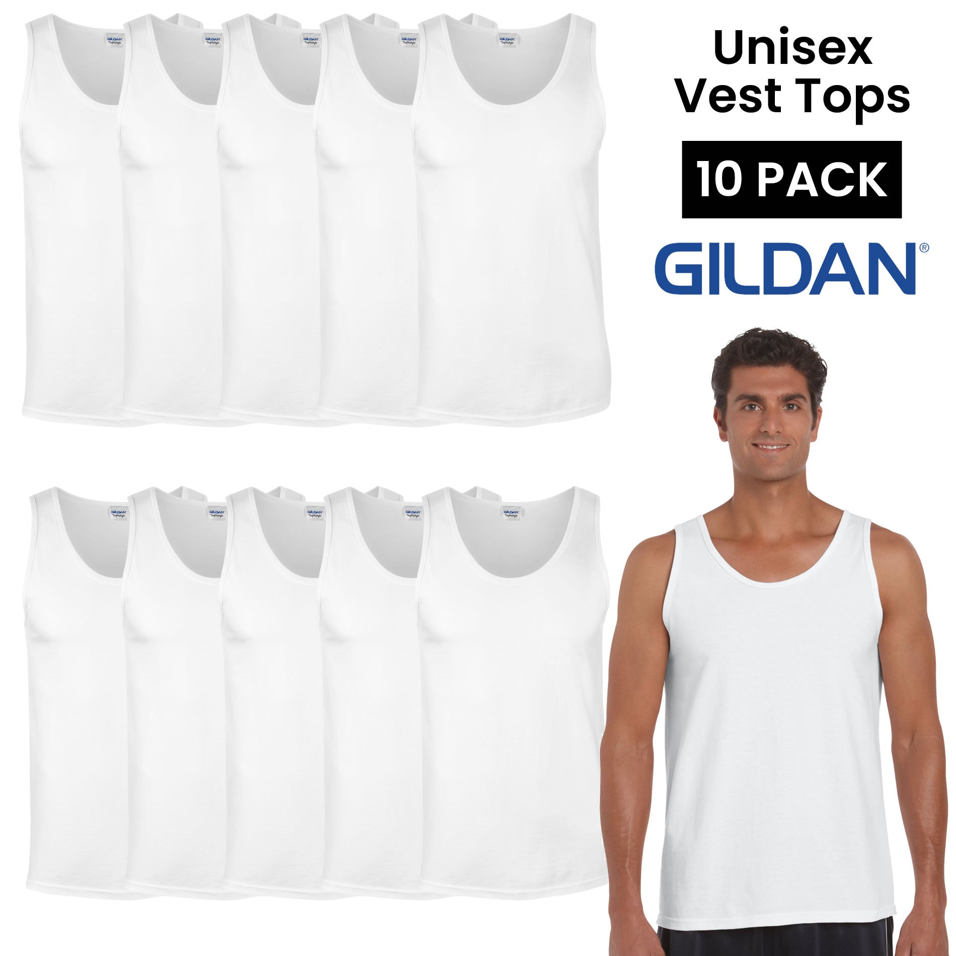 10 Gildan Vest Tops In White - Plain Wholesale Vests
