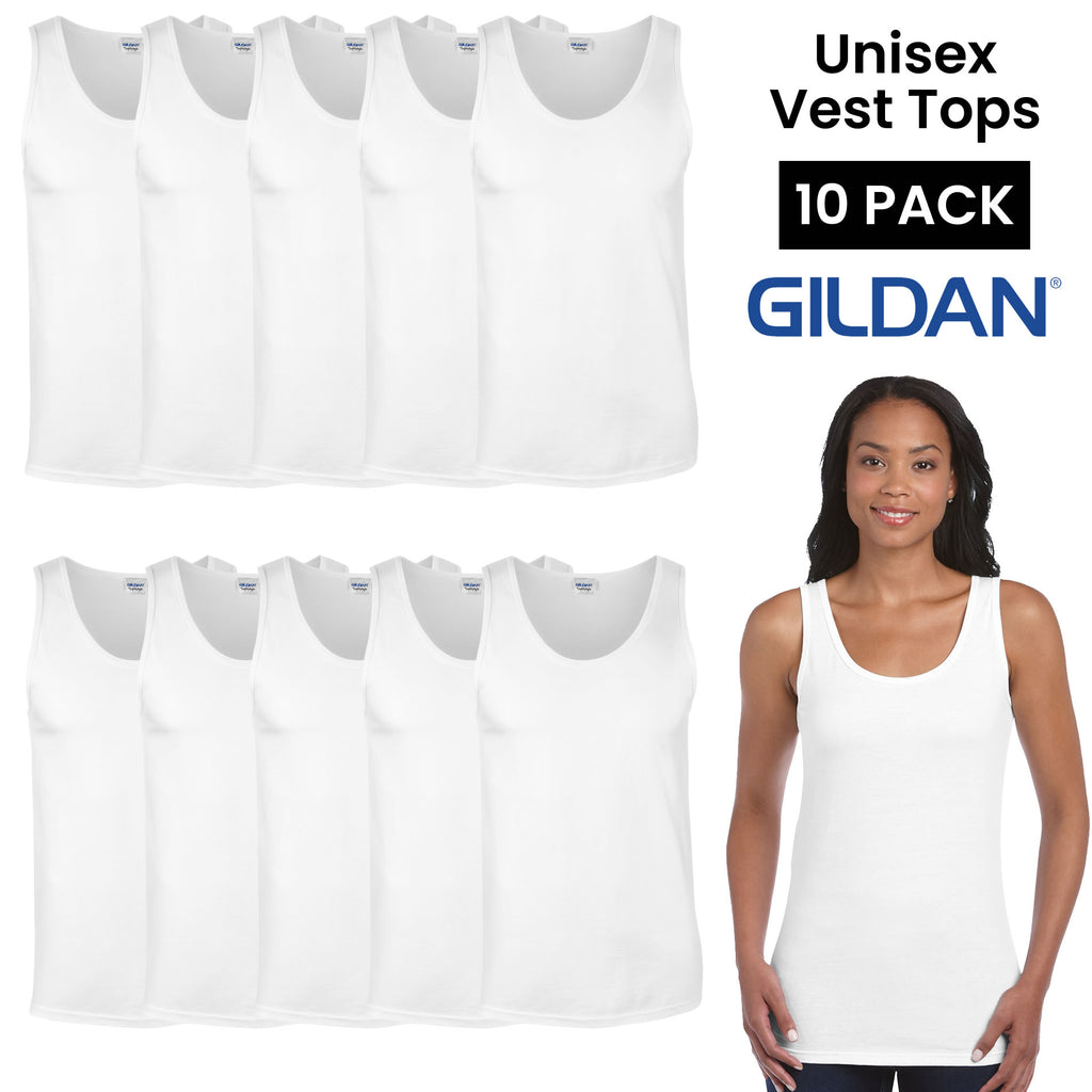 Pack Of 10 Gildan Vest Tops In White - Plain