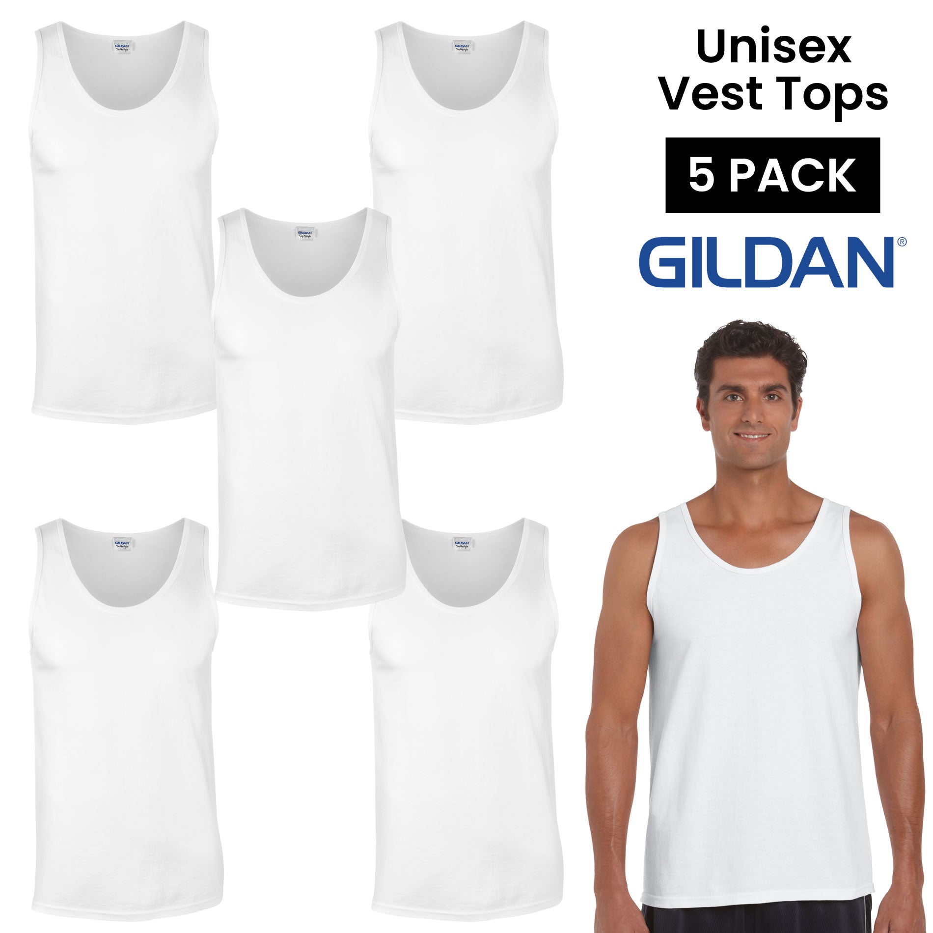 Plain Gildan Vest Tops Pack Of 5 White Men's