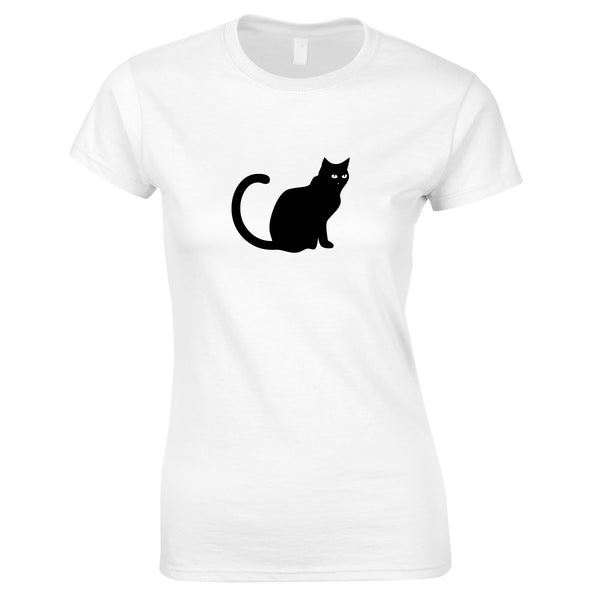 Black Cat Graphic Print Top In White