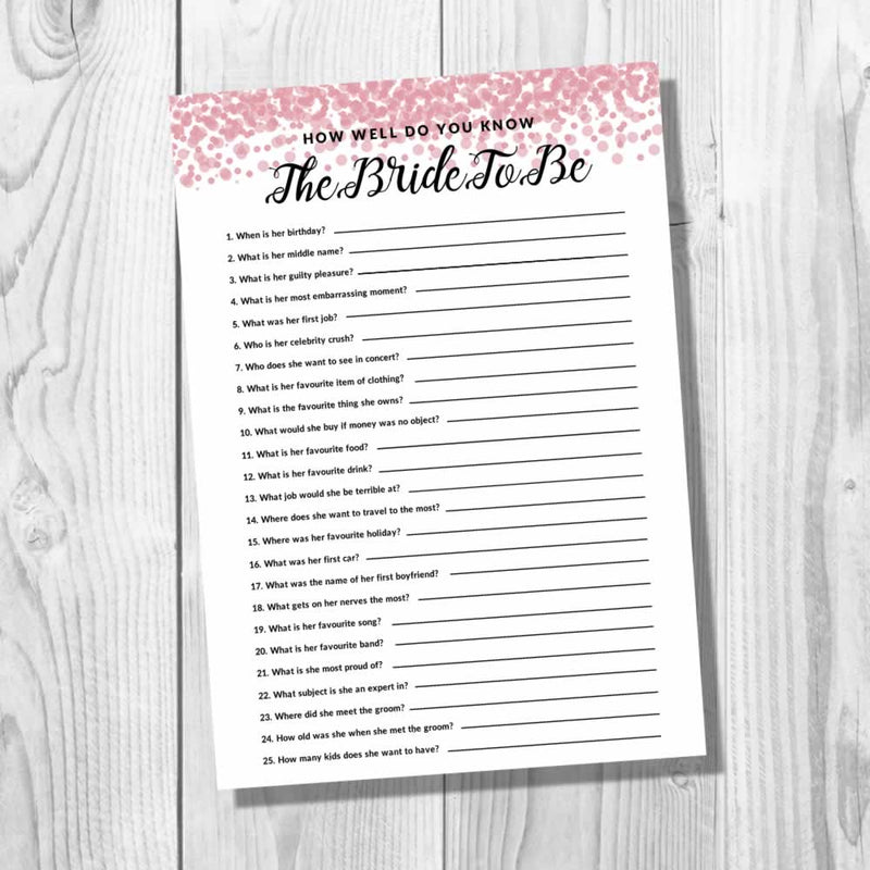 How Well Do You Know The Bride To Be Questions For Hen Party Game Printable Download