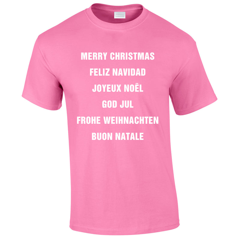 Merry Christmas In Different Languages Tee In Pink