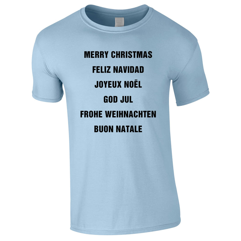 Merry Christmas In Different Languages Tee In Sky